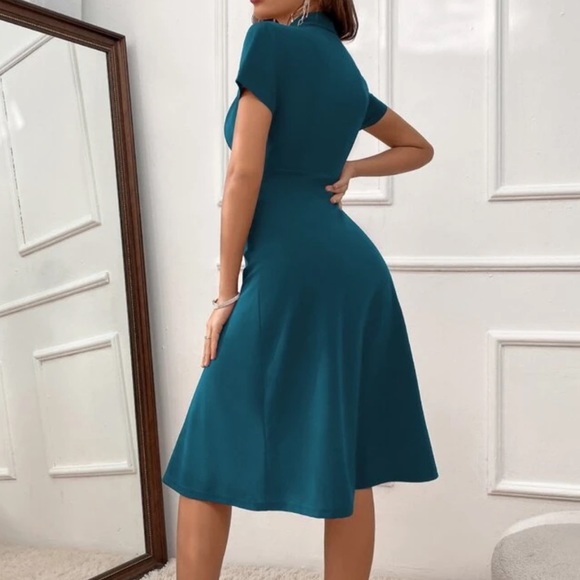 Clasi Solid Shawl Collar Wrap Detail Dress - Picture 4 of 5